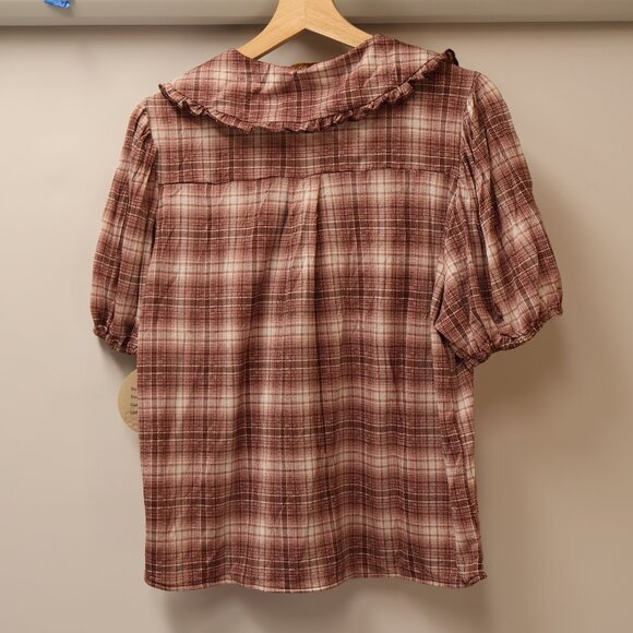 Eden & Olivia Ivory/Berry Plaid Button-Up Blouse With Ruffle Collar - Size L - Picture 2 of 14